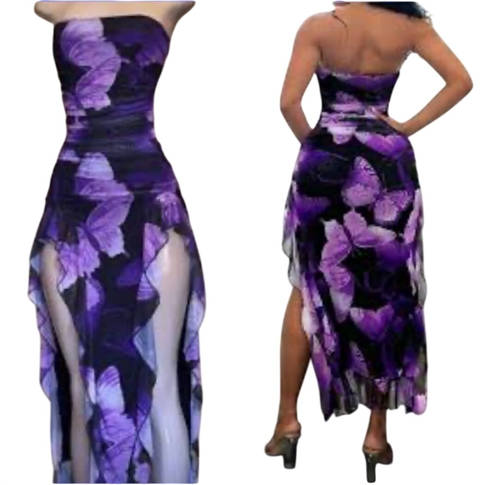 Purple Butterfly Print Mesh‎ Flowy Strapless High-Low Ruched Ruffle Maxi Dress 6